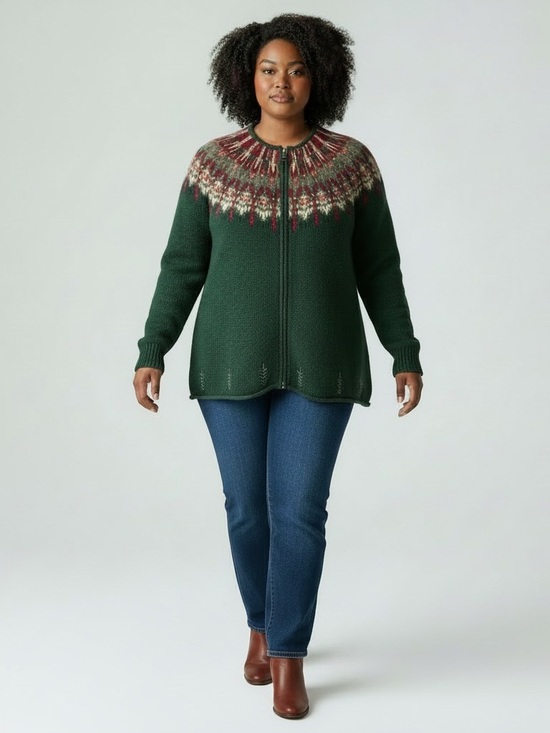 Susan Bristol Sweaters - Susan Bristol Angora Blend Fair Isle Beaded Zip Front Cardigan Sweater Green PL